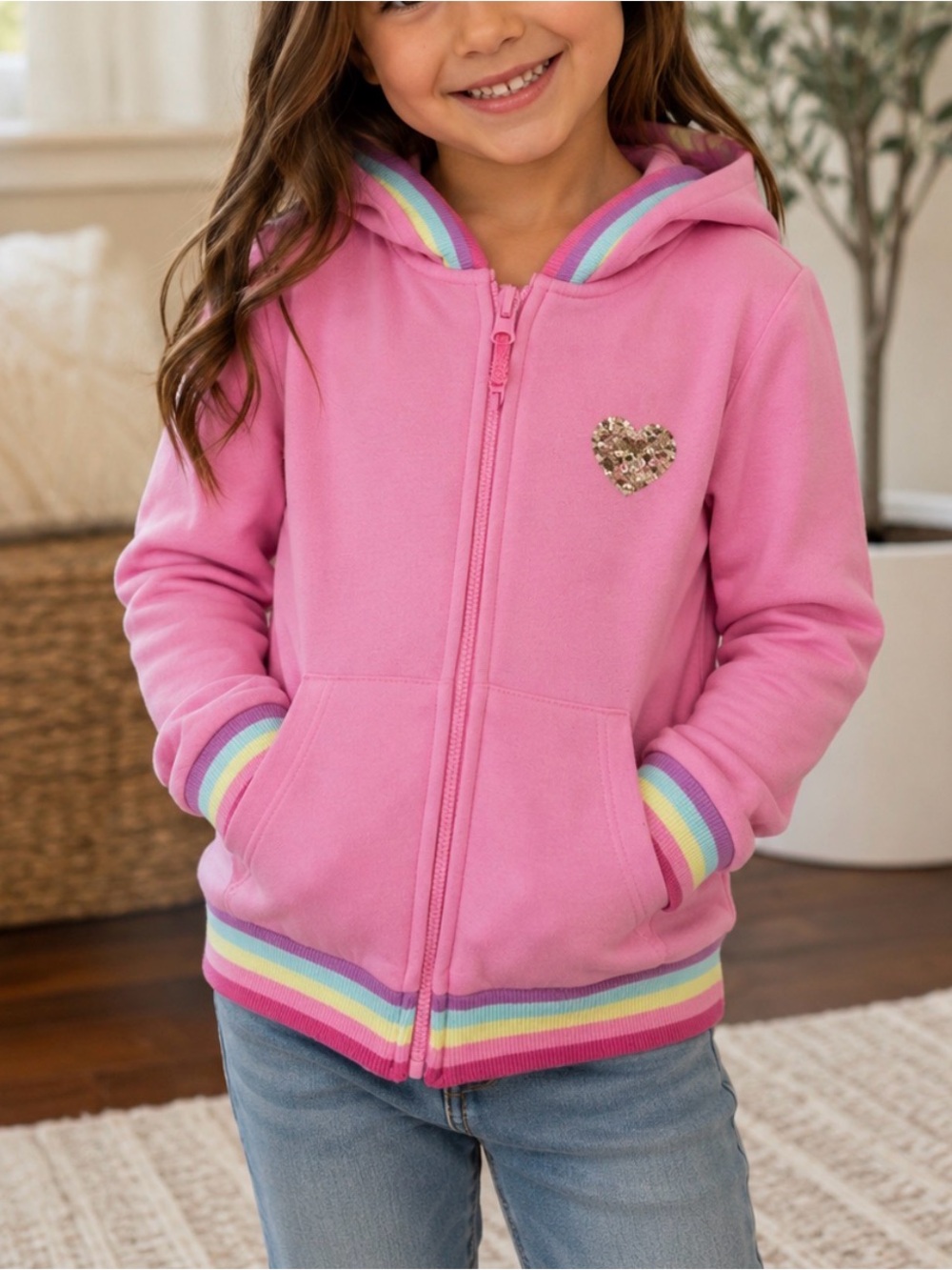 Cynthia Rowley Pink Hoodie with Sequin Heart and Rainbow Trim